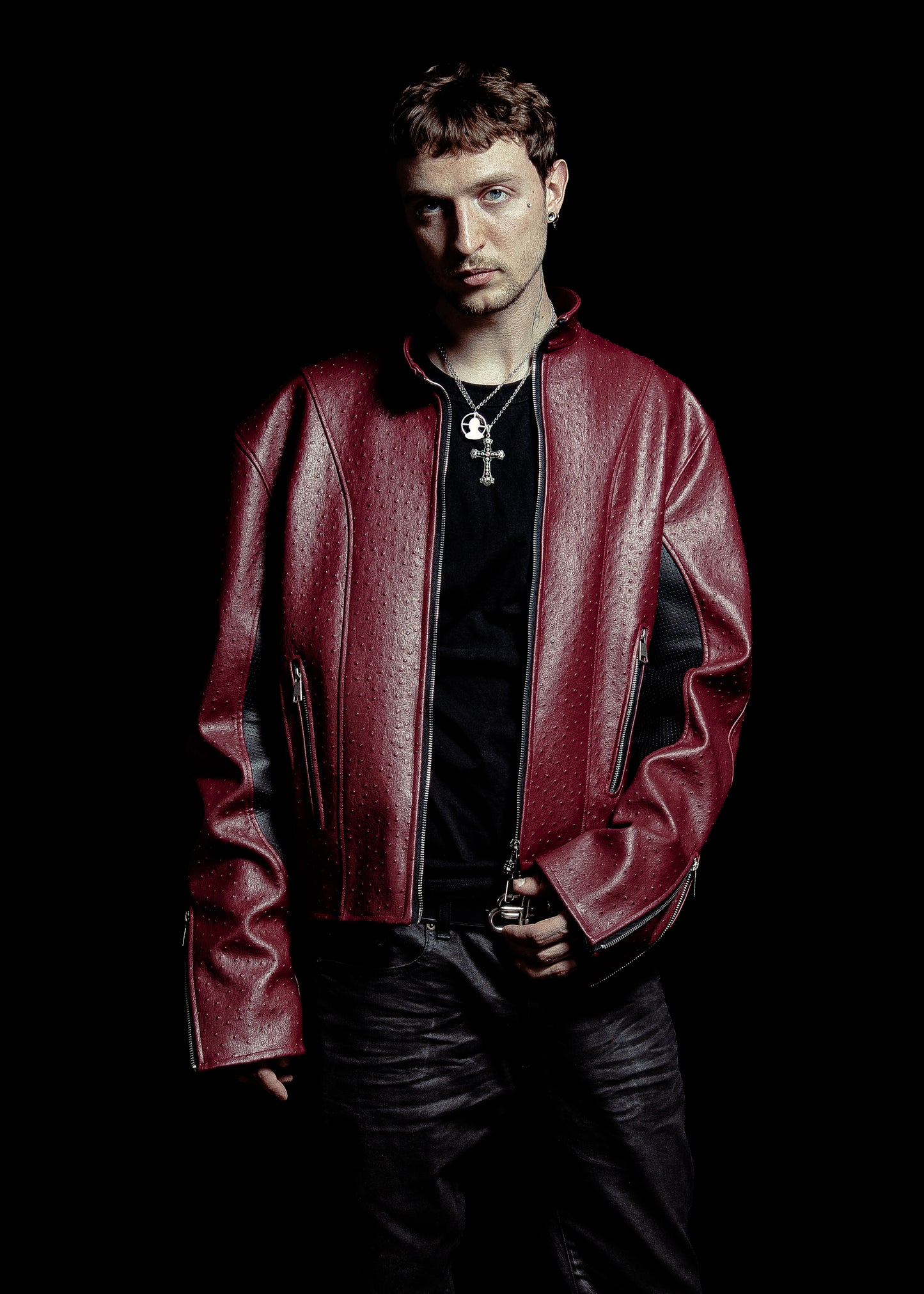 ‘OSTRICH’ LEATHER JACKET [BURGUNDY]